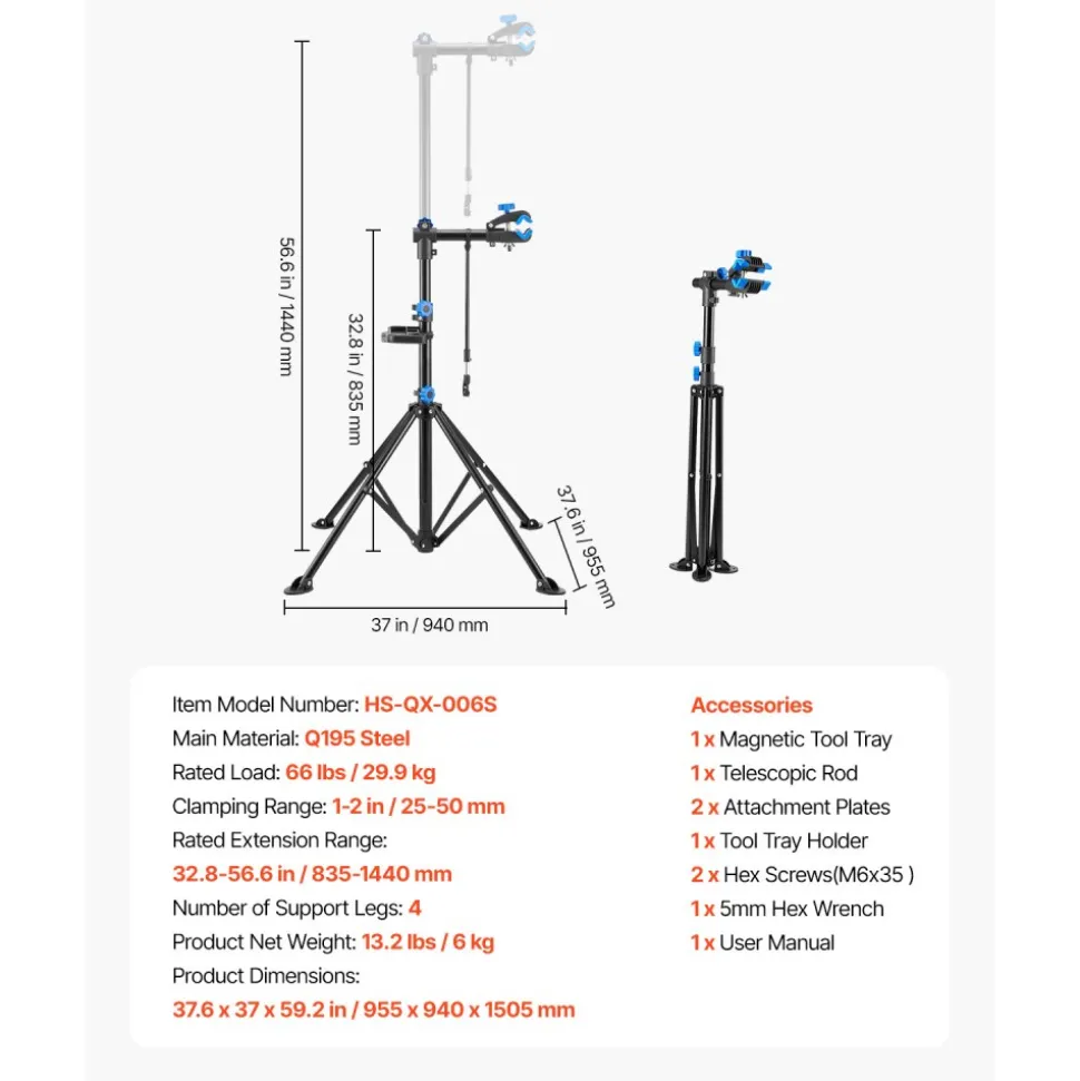 VEVOR Bike Repair Stand, 66 lb Heavy-duty Bicycle Work Stand with 32.8-56.6 in Adjustable Height & Magnetic Tool Tray, Foldable Bicycle Maintenance Rack, Shop Home Mechanics for Mountain & Road Bike