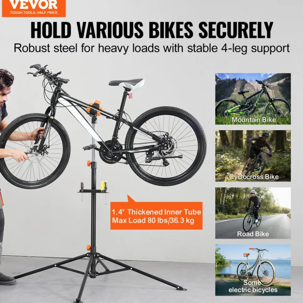 VEVOR Bike Repair Stand, 80 lbs Heavy-duty Steel Bicycle Repair Stand, Adjustable Height Bike Maintenance Workstand with Magnetic Tool Tray Telescopic Arm, Foldable Bike Work Stand for Home, Shops