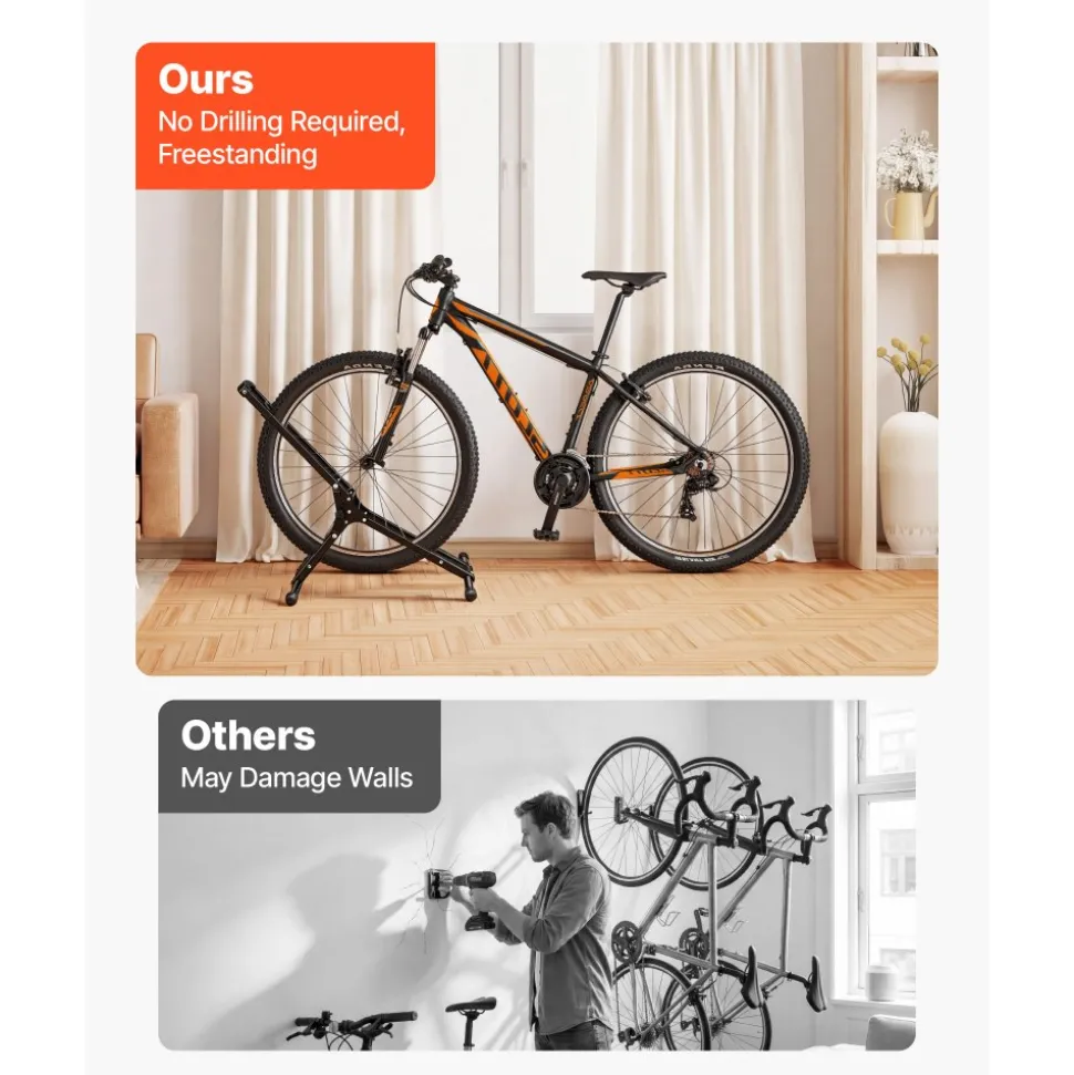VEVOR Bike Stand, Foldable Freestanding Bike Storage Rack, Carbon Steel Garage Bicycle Floor Stand, Fits 20-29 in Wheel Diameters, Drill-Free Installation, Ideal for Garage, Apartment, Home, Black