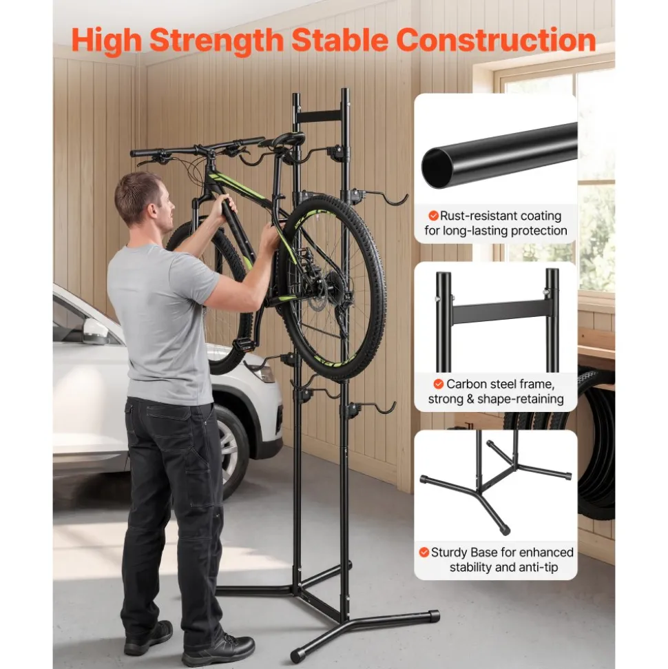 VEVOR Bike Stand for 4 Bikes, Freestanding Vertical Bike Storage Rack, with Height-Adjustable Hooks, Heavy-Duty Carbon Steel Garage Bicycle Floor Stand, Ideal for Garage, Apartment, Home, Black