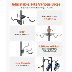 VEVOR Bike Stand for 4 Bikes, Freestanding Vertical Bike Storage Rack, with Height-Adjustable Hooks, Heavy-Duty Carbon Steel Garage Bicycle Floor Stand, Ideal for Garage, Apartment, Home, Black
