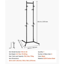 VEVOR Bike Stand for 4 Bikes, Freestanding Vertical Bike Storage Rack, with Height-Adjustable Hooks, Heavy-Duty Carbon Steel Garage Bicycle Floor Stand, Ideal for Garage, Apartment, Home, Black