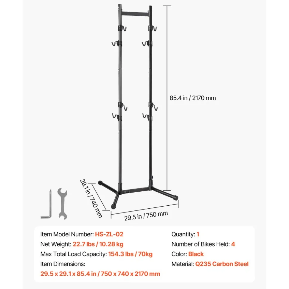 VEVOR Bike Stand for 4 Bikes, Freestanding Vertical Bike Storage Rack, with Height-Adjustable Hooks, Heavy-Duty Carbon Steel Garage Bicycle Floor Stand, Ideal for Garage, Apartment, Home, Black