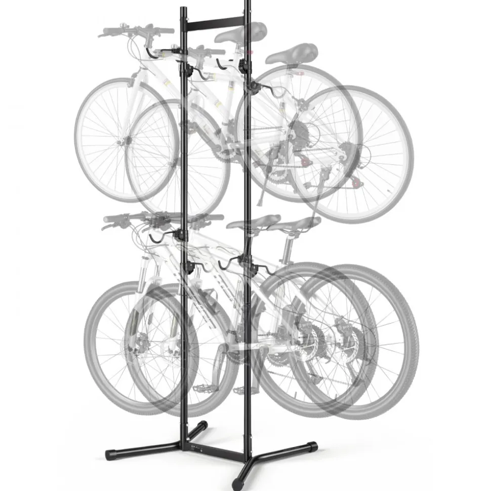 VEVOR Bike Stand for 4 Bikes, Freestanding Vertical Bike Storage Rack, with Height-Adjustable Hooks, Heavy-Duty Carbon Steel Garage Bicycle Floor Stand, Ideal for Garage, Apartment, Home, Black