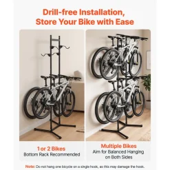 VEVOR Bike Stand for 4 Bikes, Freestanding Vertical Bike Storage Rack, with Height-Adjustable Hooks, Heavy-Duty Carbon Steel Garage Bicycle Floor Stand, Ideal for Garage, Apartment, Home, Black