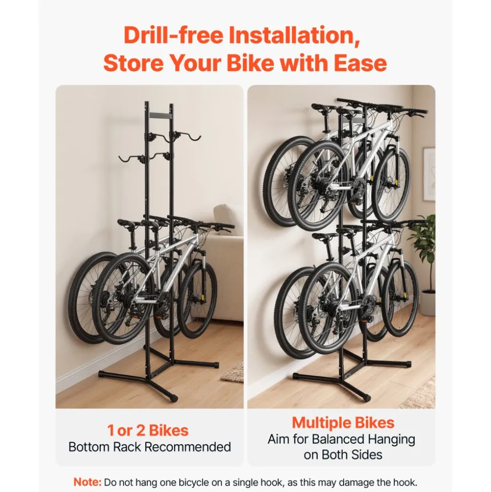 VEVOR Bike Stand for 4 Bikes, Freestanding Vertical Bike Storage Rack, with Height-Adjustable Hooks, Heavy-Duty Carbon Steel Garage Bicycle Floor Stand, Ideal for Garage, Apartment, Home, Black