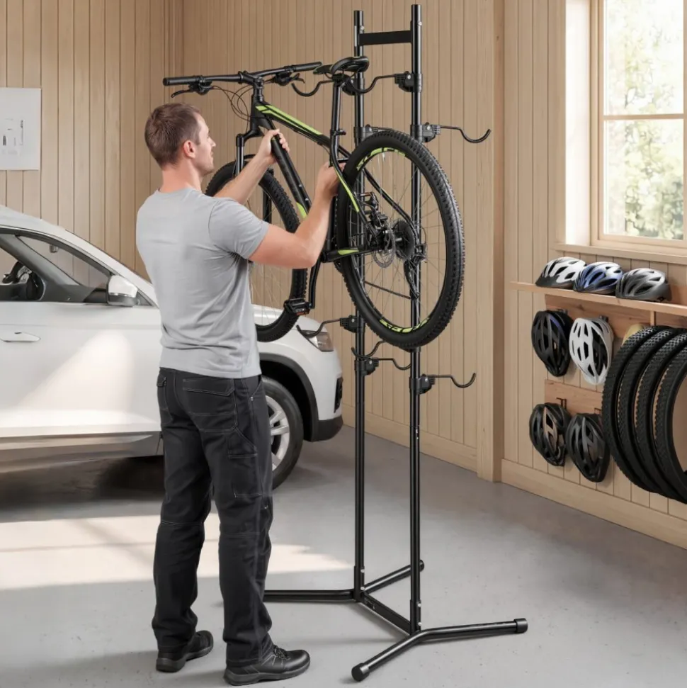VEVOR Bike Stand for 4 Bikes, Freestanding Vertical Bike Storage Rack, with Height-Adjustable Hooks, Heavy-Duty Carbon Steel Garage Bicycle Floor Stand, Ideal for Garage, Apartment, Home, Black
