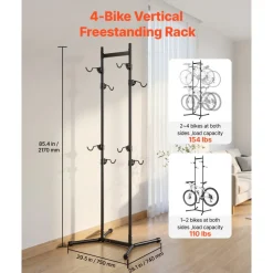 VEVOR Bike Stand for 4 Bikes, Freestanding Vertical Bike Storage Rack, with Height-Adjustable Hooks, Heavy-Duty Carbon Steel Garage Bicycle Floor Stand, Ideal for Garage, Apartment, Home, Black