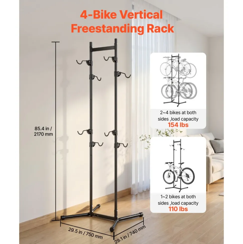 VEVOR Bike Stand for 4 Bikes, Freestanding Vertical Bike Storage Rack, with Height-Adjustable Hooks, Heavy-Duty Carbon Steel Garage Bicycle Floor Stand, Ideal for Garage, Apartment, Home, Black