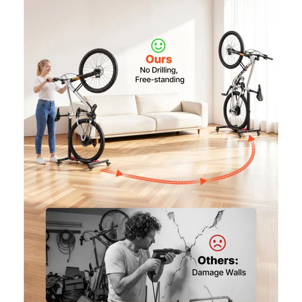 VEVOR Bike Stand, Freestanding Vertical & Horizontal Bike Storage Rack, with Lockable Casters, Height Adjustable Carbon Steel Upright Garage Bicycle Floor Stand, for 20-29 in Wheel Diameters, Black