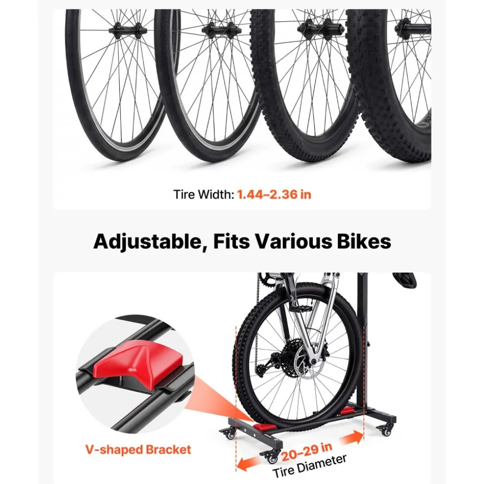 VEVOR Bike Stand, Freestanding Vertical & Horizontal Bike Storage Rack, with Lockable Casters, Height Adjustable Carbon Steel Upright Garage Bicycle Floor Stand, for 20-29 in Wheel Diameters, Black