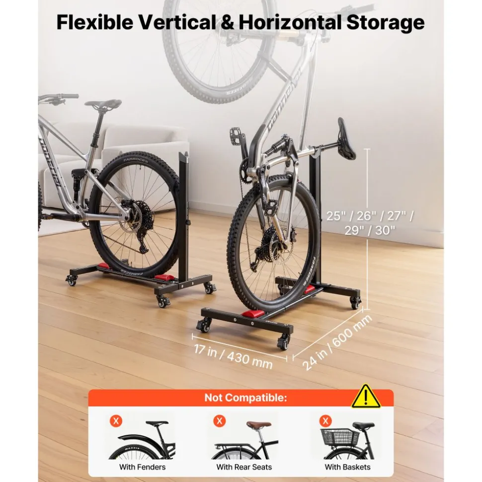VEVOR Bike Stand, Freestanding Vertical & Horizontal Bike Storage Rack, with Lockable Casters, Height Adjustable Carbon Steel Upright Garage Bicycle Floor Stand, for 20-29 in Wheel Diameters, Black