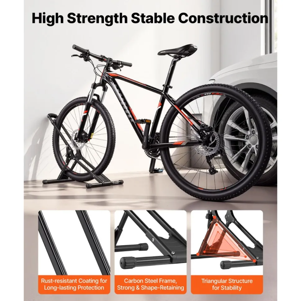 VEVOR Bike Stand 2 Pack, Foldable Freestanding Bike Storage Rack, Carbon Steel Garage Bicycle Floor Stand, Fits 20-29 in Wheel Diameters, Drill-Free Installation, for Garage, Apartment, Home, Black