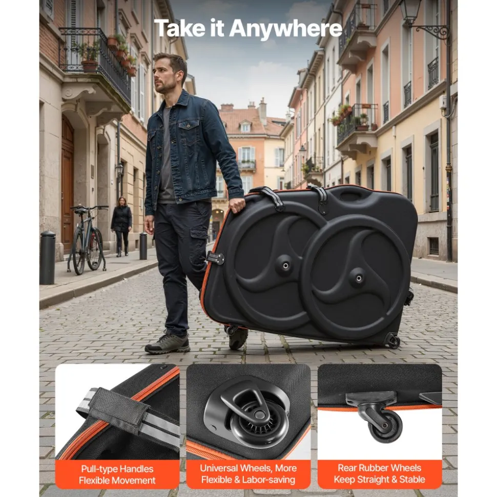 VEVOR Bike Travel Case, Bicycle Travel Bag with EVA Hard Shell, Quick-Release Buckle, Dual Zipper, TSA Lock and Wheels, Black Bicycle Case for Airplane, Easy Transportation Bag for 700C Road Bike