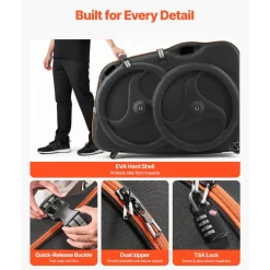 VEVOR Bike Travel Case, Bicycle Travel Bag with EVA Hard Shell, Quick-Release Buckle, Dual Zipper, TSA Lock and Wheels, Black Bicycle Case for Airplane, Easy Transportation Bag for 700C Road Bike