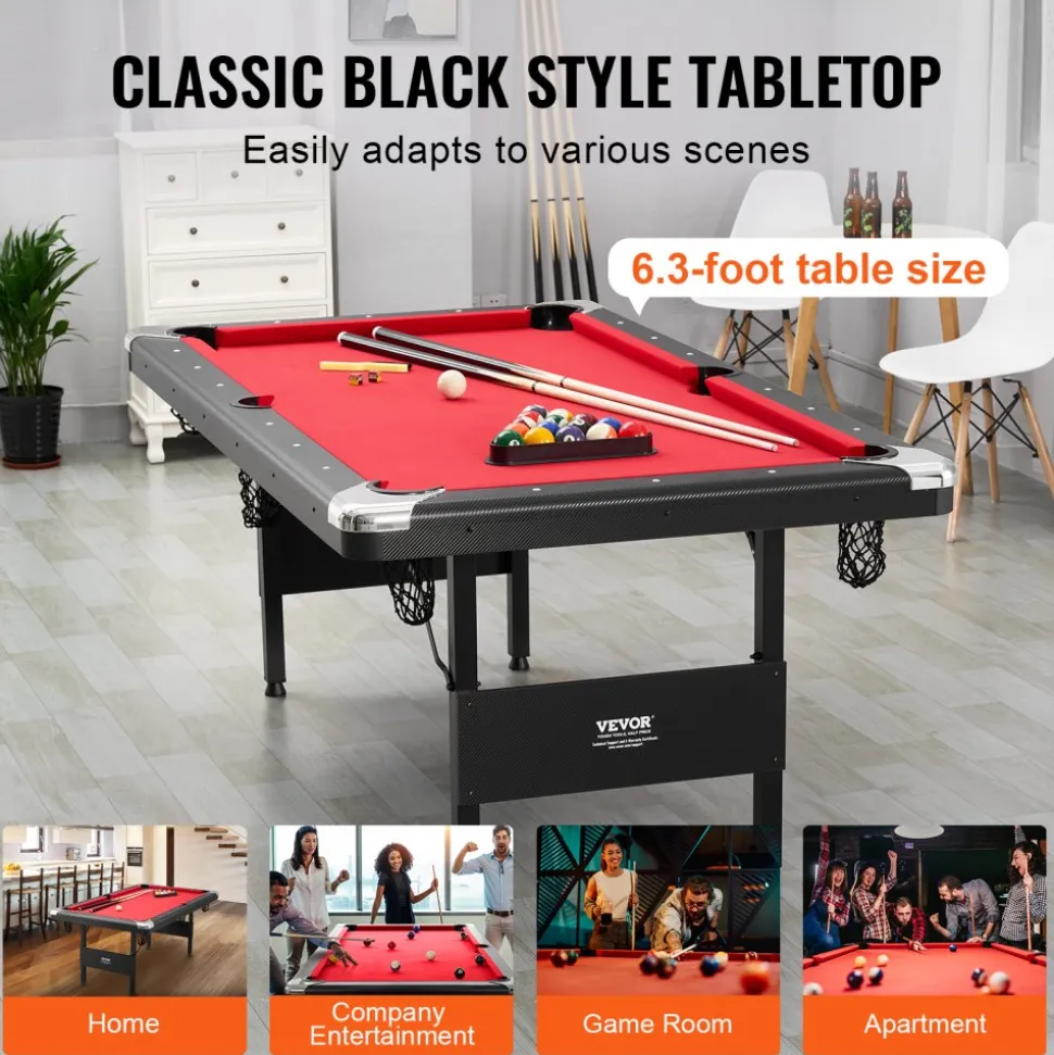 VEVOR Billiards Table, 6.3 ft Pool Table, Portable Foldable Space-Saving Table, Billiard Table Set Includes Balls, Cues, Chalks and Brush, Black with Red Cloth, Perfect for Family Game Room Kid Adult