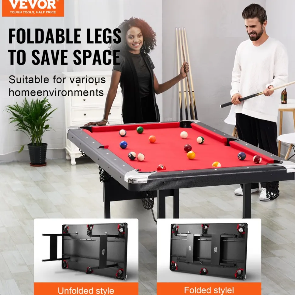 VEVOR Billiards Table, 6.3 ft Pool Table, Portable Foldable Space-Saving Table, Billiard Table Set Includes Balls, Cues, Chalks and Brush, Black with Red Cloth, Perfect for Family Game Room Kid Adult