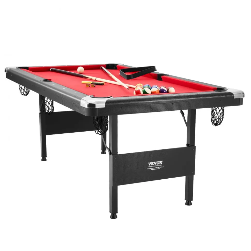 VEVOR Billiards Table, 6.3 ft Pool Table, Portable Foldable Space-Saving Table, Billiard Table Set Includes Balls, Cues, Chalks and Brush, Black with Red Cloth, Perfect for Family Game Room Kid Adult