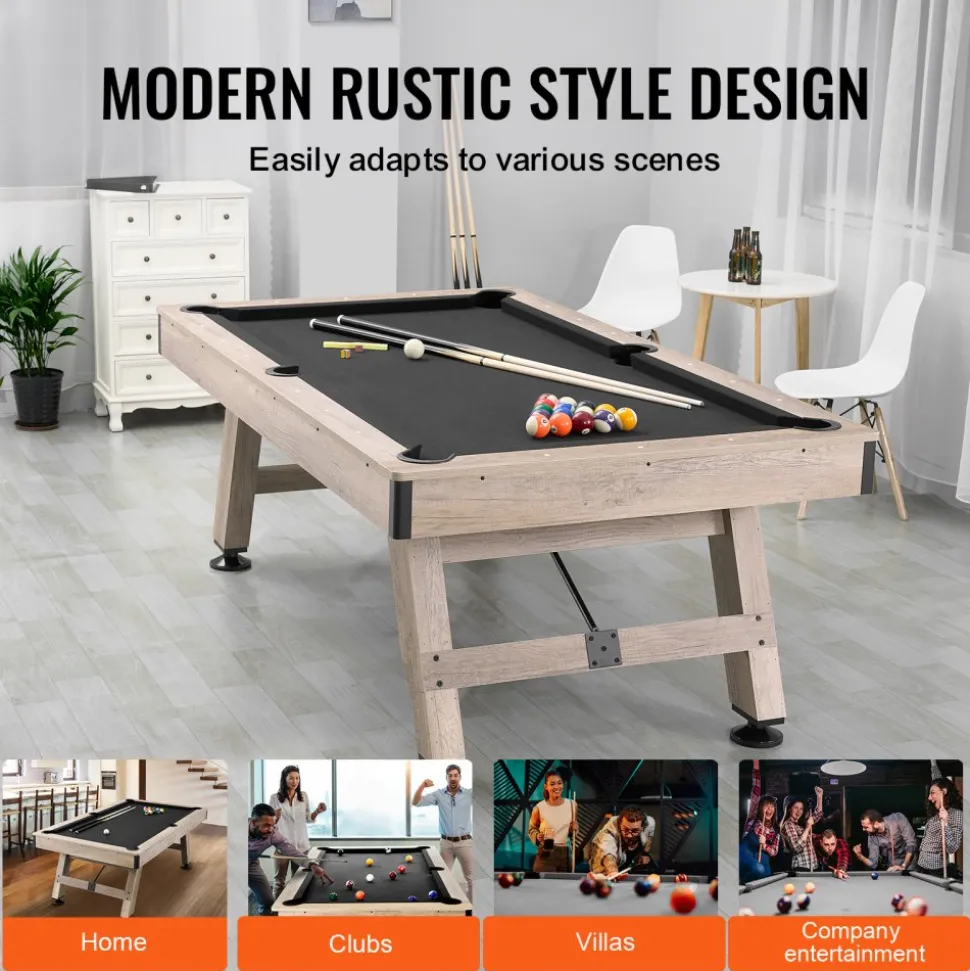 VEVOR Billiards Table, 7 ft Pool Table, Adjust Legs Stable Billiards Table, Pool Table Set Includes Balls, Cues, Chalks and Brush, Wood Color with Black Cloth, Perfect for Family Game Room Kids Adults