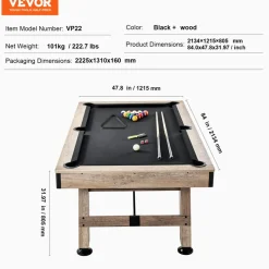 VEVOR Billiards Table, 7 ft Pool Table, Adjust Legs Stable Billiards Table, Pool Table Set Includes Balls, Cues, Chalks and Brush, Wood Color with Black Cloth, Perfect for Family Game Room Kids Adults