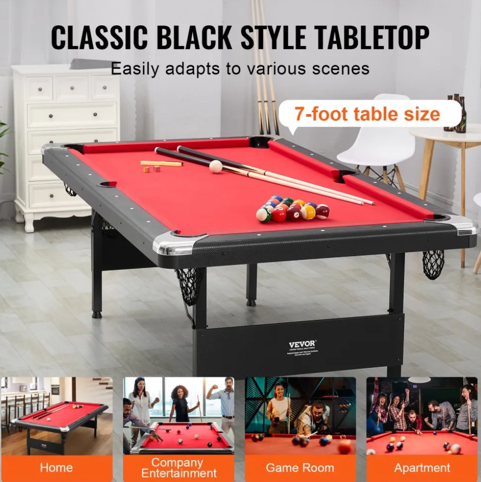 VEVOR Billiards Table, 7 ft Pool Table, Portable Foldable Space-Saving Table, Billiard Table Set Includes Balls, Cues, Chalks and Brush, Black with Red Cloth, Perfect for Family Game Room Kids Adults