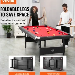 VEVOR Billiards Table, 7 ft Pool Table, Portable Foldable Space-Saving Table, Billiard Table Set Includes Balls, Cues, Chalks and Brush, Black with Red Cloth, Perfect for Family Game Room Kids Adults