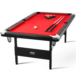 VEVOR Billiards Table, 7 ft Pool Table, Portable Foldable Space-Saving Table, Billiard Table Set Includes Balls, Cues, Chalks and Brush, Black with Red Cloth, Perfect for Family Game Room Kids Adults