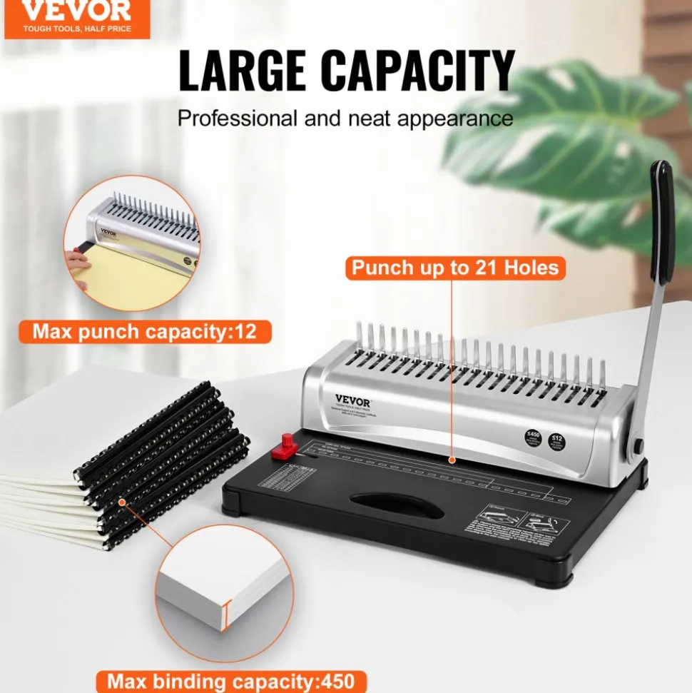 VEVOR Binding Machine, Comb Binding Machine 21-Holes Binding 450 Sheets, Book Binder Machine with 100 PCS 3/8'' Comb Binding Spines, for Letter Size, A4, A5