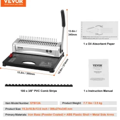 VEVOR Binding Machine, Comb Binding Machine 21-Holes Binding 450 Sheets, Book Binder Machine with 100 PCS 3/8'' Comb Binding Spines, for Letter Size, A4, A5