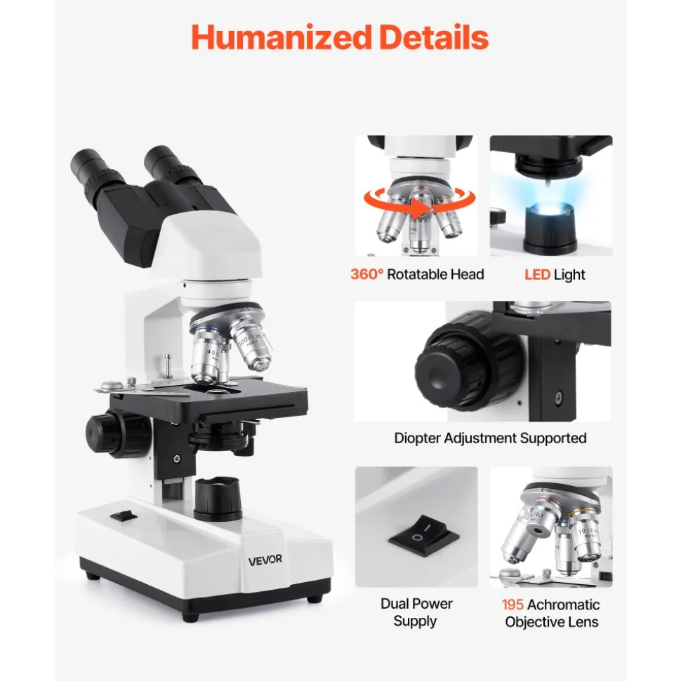 VEVOR Binocular Microscope, 40-5000X Magnification, Professional Compound Microscope for Adult with Dual Stage and Two Sets of Eyepieces, Aluminum Alloy Body, Includes LED Light and Phone Holder