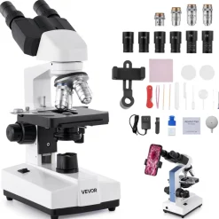 VEVOR Binocular Microscope, 40-5000X Magnification, Professional Compound Microscope for Adult with Dual Stage and Two Sets of Eyepieces, Aluminum Alloy Body, Includes LED Light and Phone Holder