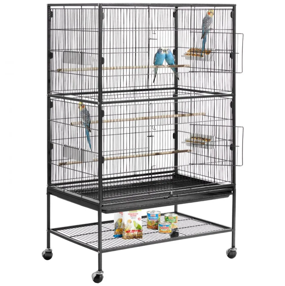 VEVOR Bird Cage, 31.5 x 20.5 x 52 inch, Flat Top, Wrought Iron Bird Flight Cage with Perches, Slide-Out Tray and Plastic Feeders, Casters, for Parrot, Blue Tit, Cockatiel, Canary, and Monk Parakeet