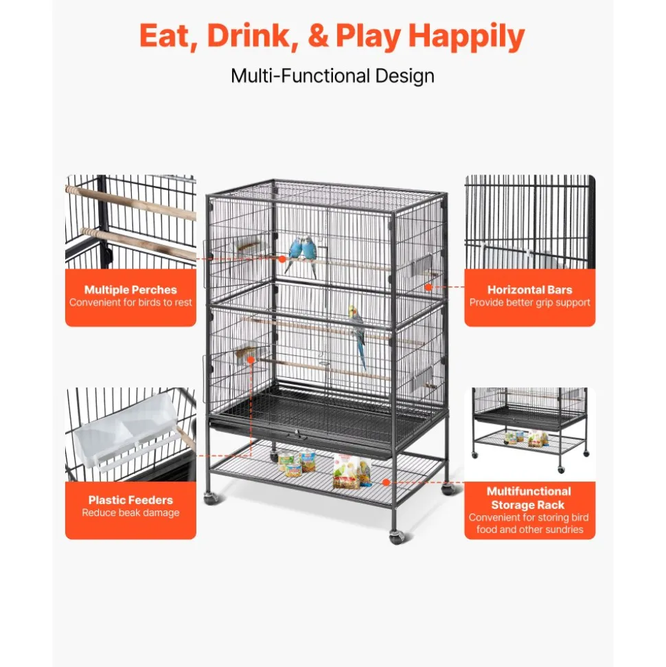 VEVOR Bird Cage, 31.5 x 20.5 x 52 inch, Flat Top, Wrought Iron Bird Flight Cage with Perches, Slide-Out Tray and Plastic Feeders, Casters, for Parrot, Blue Tit, Cockatiel, Canary, and Monk Parakeet