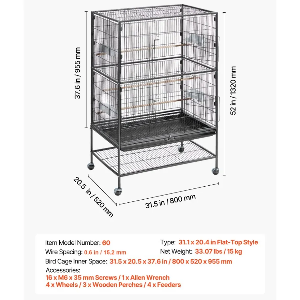 VEVOR Bird Cage, 31.5 x 20.5 x 52 inch, Flat Top, Wrought Iron Bird Flight Cage with Perches, Slide-Out Tray and Plastic Feeders, Casters, for Parrot, Blue Tit, Cockatiel, Canary, and Monk Parakeet
