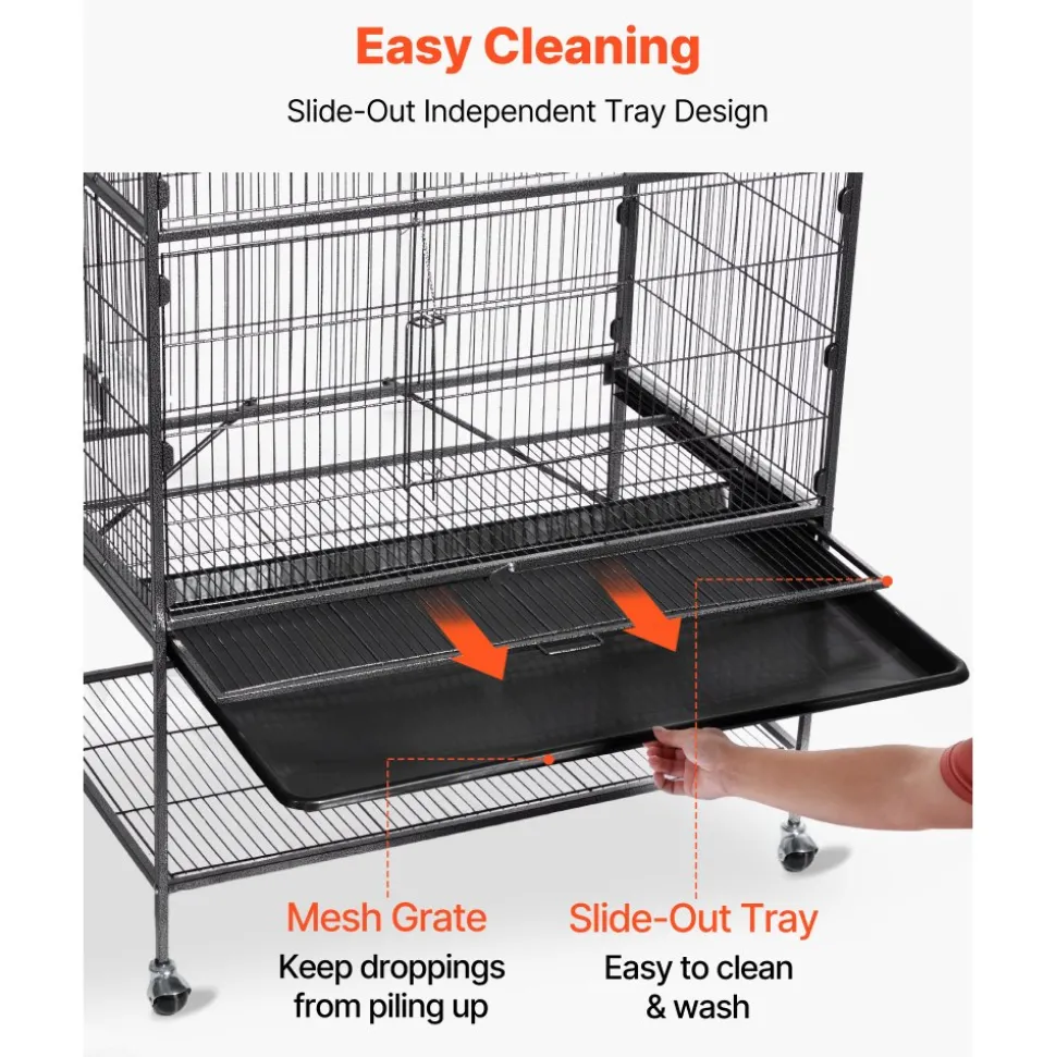VEVOR Bird Cage, 31.5 x 20.5 x 52 inch, Flat Top, Wrought Iron Bird Flight Cage with Perches, Slide-Out Tray and Plastic Feeders, Casters, for Parrot, Blue Tit, Cockatiel, Canary, and Monk Parakeet
