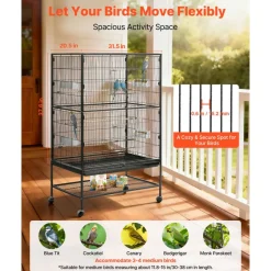 VEVOR Bird Cage, 31.5 x 20.5 x 52 inch, Flat Top, Wrought Iron Bird Flight Cage with Perches, Slide-Out Tray and Plastic Feeders, Casters, for Parrot, Blue Tit, Cockatiel, Canary, and Monk Parakeet