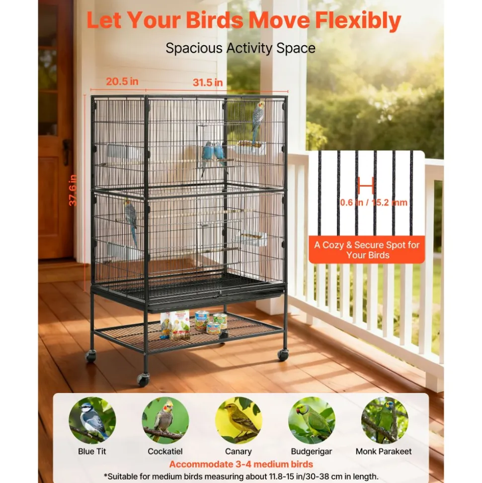 VEVOR Bird Cage, 31.5 x 20.5 x 52 inch, Flat Top, Wrought Iron Bird Flight Cage with Perches, Slide-Out Tray and Plastic Feeders, Casters, for Parrot, Blue Tit, Cockatiel, Canary, and Monk Parakeet