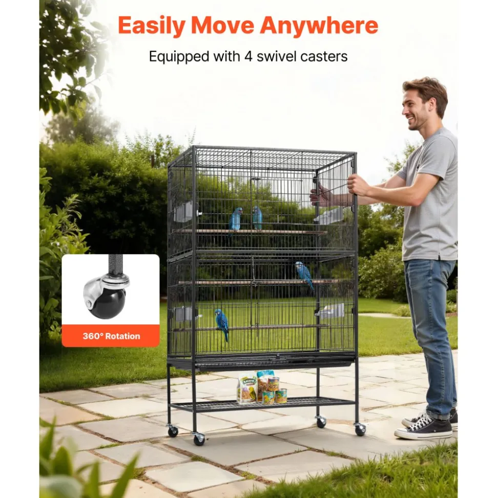VEVOR Bird Cage, 31.5 x 20.5 x 52 inch, Flat Top, Wrought Iron Bird Flight Cage with Perches, Slide-Out Tray and Plastic Feeders, Casters, for Parrot, Blue Tit, Cockatiel, Canary, and Monk Parakeet