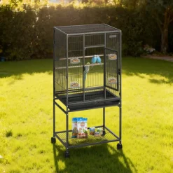 VEVOR Bird Cage, 24.6 x 16.7 x 53.9 inch, Flat Top, Wrought Iron Bird Flight Cage with Perches, Slide-Out Tray and Plastic Feeders, Casters, for Parrot, Blue Tit, Cockatiel, Canary, Budgerigar, Conure