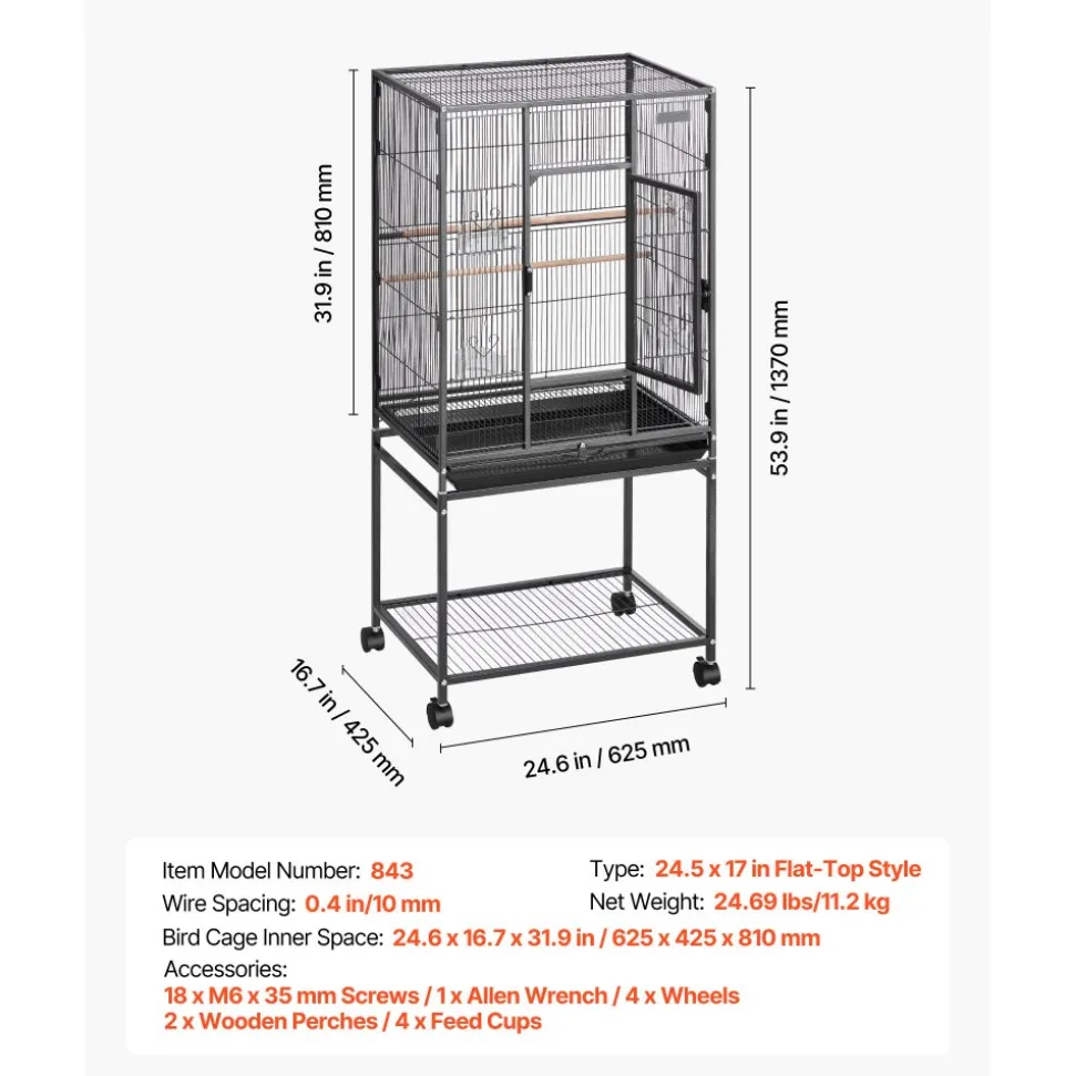 VEVOR Bird Cage, 24.6 x 16.7 x 53.9 inch, Flat Top, Wrought Iron Bird Flight Cage with Perches, Slide-Out Tray and Plastic Feeders, Casters, for Parrot, Blue Tit, Cockatiel, Canary, Budgerigar, Conure