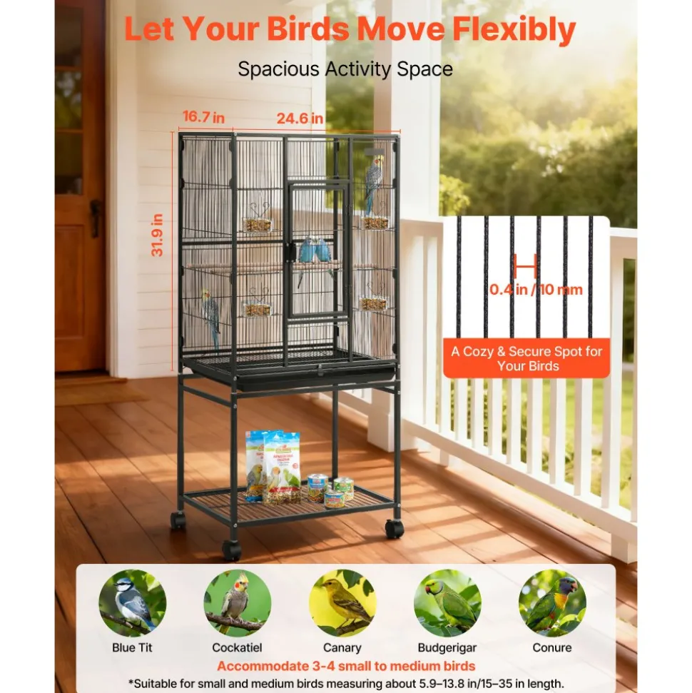 VEVOR Bird Cage, 24.6 x 16.7 x 53.9 inch, Flat Top, Wrought Iron Bird Flight Cage with Perches, Slide-Out Tray and Plastic Feeders, Casters, for Parrot, Blue Tit, Cockatiel, Canary, Budgerigar, Conure
