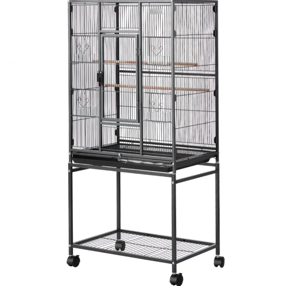 VEVOR Bird Cage, 24.6 x 16.7 x 53.9 inch, Flat Top, Wrought Iron Bird Flight Cage with Perches, Slide-Out Tray and Plastic Feeders, Casters, for Parrot, Blue Tit, Cockatiel, Canary, Budgerigar, Conure
