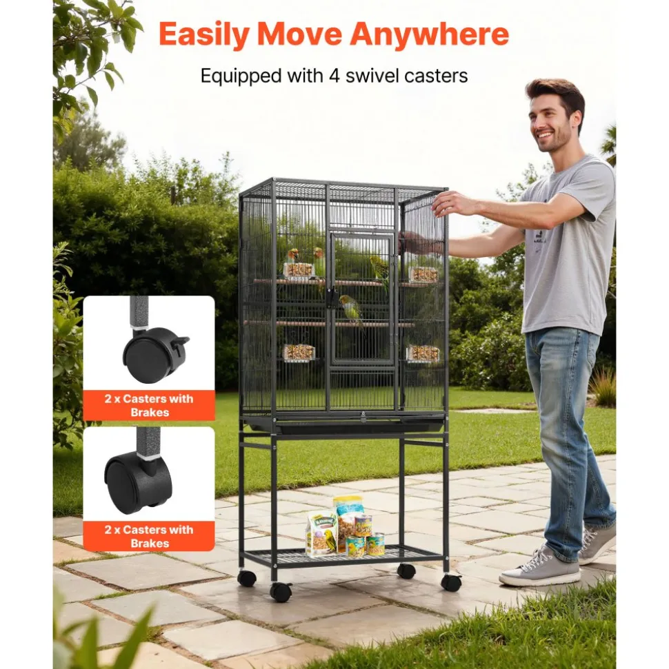 VEVOR Bird Cage, 24.6 x 16.7 x 53.9 inch, Flat Top, Wrought Iron Bird Flight Cage with Perches, Slide-Out Tray and Plastic Feeders, Casters, for Parrot, Blue Tit, Cockatiel, Canary, Budgerigar, Conure