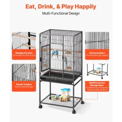 VEVOR Bird Cage, 24.6 x 16.7 x 53.9 inch, Flat Top, Wrought Iron Bird Flight Cage with Perches, Slide-Out Tray and Plastic Feeders, Casters, for Parrot, Blue Tit, Cockatiel, Canary, Budgerigar, Conure