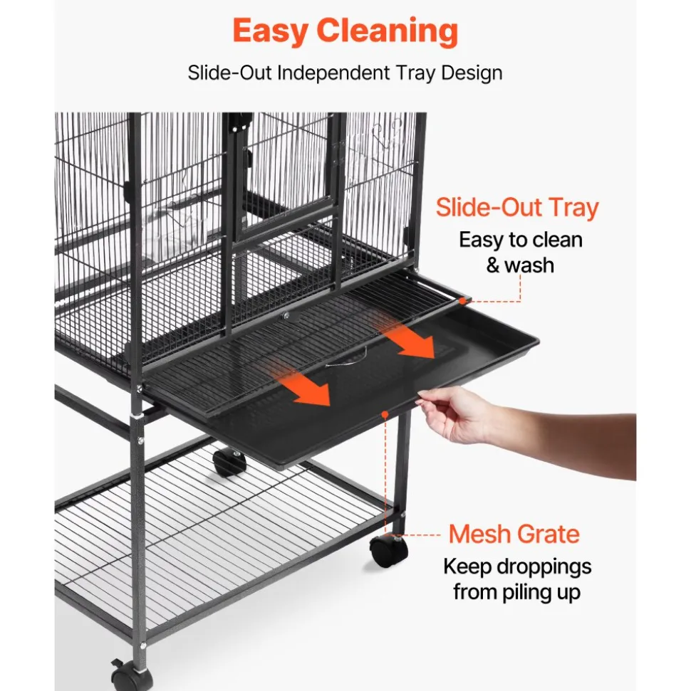 VEVOR Bird Cage, 24.6 x 16.7 x 53.9 inch, Flat Top, Wrought Iron Bird Flight Cage with Perches, Slide-Out Tray and Plastic Feeders, Casters, for Parrot, Blue Tit, Cockatiel, Canary, Budgerigar, Conure