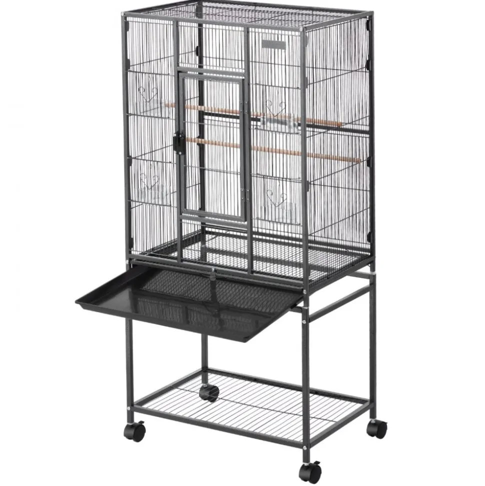 VEVOR Bird Cage, 24.6 x 16.7 x 53.9 inch, Flat Top, Wrought Iron Bird Flight Cage with Perches, Slide-Out Tray and Plastic Feeders, Casters, for Parrot, Blue Tit, Cockatiel, Canary, Budgerigar, Conure