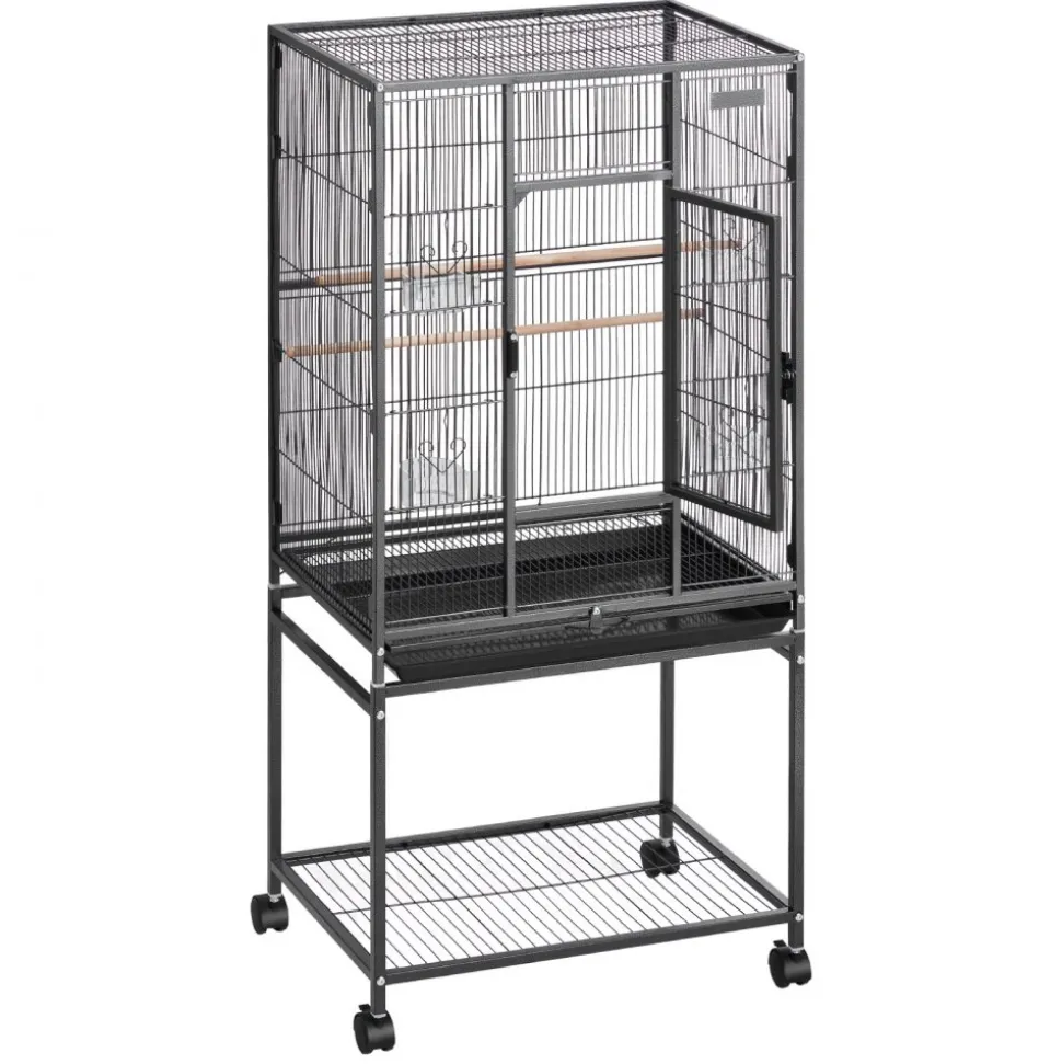 VEVOR Bird Cage, 24.6 x 16.7 x 53.9 inch, Flat Top, Wrought Iron Bird Flight Cage with Perches, Slide-Out Tray and Plastic Feeders, Casters, for Parrot, Blue Tit, Cockatiel, Canary, Budgerigar, Conure