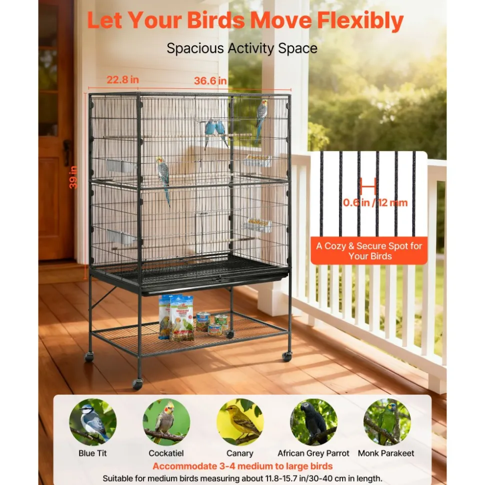 VEVOR Bird Cage, 36.6 x 22.8 x 59.5 inch, Flat Top, Wrought Iron Bird Flight Cage with Perches, Slide-Out Tray and Plastic Feeders, for Blue Tit, Cockatiel, Canary, Monk Parakeet, African Grey Parrot