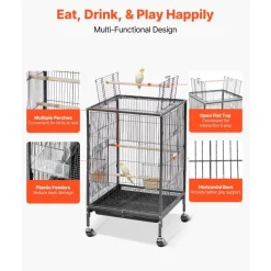 VEVOR Bird Cage, 18 x 18 x 30 inch, Open Flat Top, Wrought Iron Bird Flight Cage with Perches, Slide-Out Tray and Plastic Feeders, Casters, for Parrot, Blue Tit, Cockatiel, Canary, Budgerigar, Conure