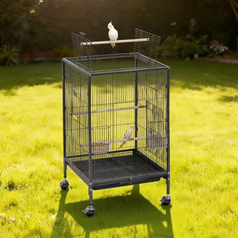 VEVOR Bird Cage, 18 x 18 x 30 inch, Open Flat Top, Wrought Iron Bird Flight Cage with Perches, Slide-Out Tray and Plastic Feeders, Casters, for Parrot, Blue Tit, Cockatiel, Canary, Budgerigar, Conure